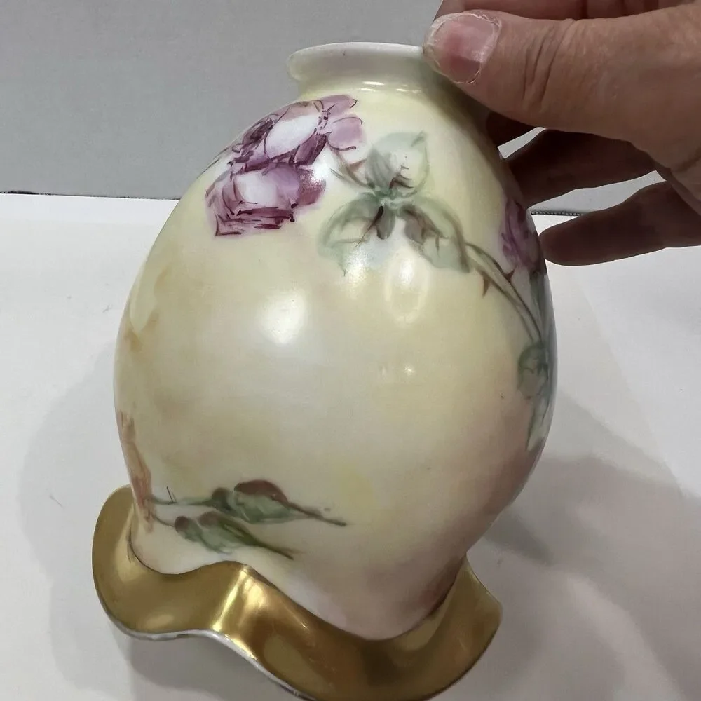 Vintage 1946 Hand Painted Porcelain Lamp Shade Roses Gold Ruffled 2.25